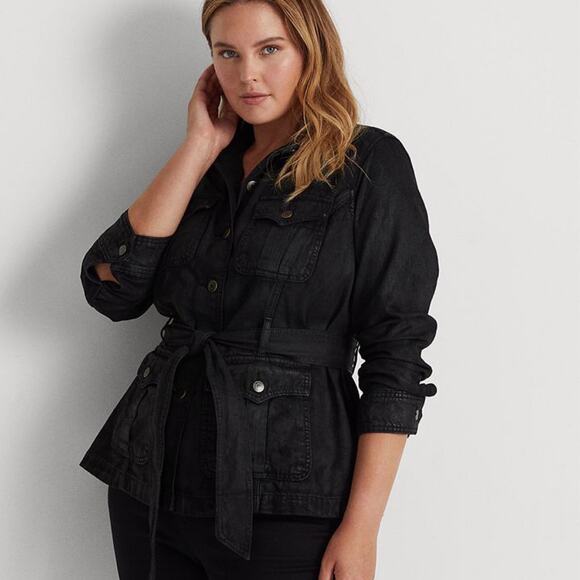 Lauren Ralph Coated Denim Tie Waist Sash Belted Point Collar Trucker Jacket 14W